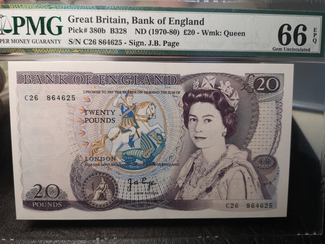 《外钞收藏家》二零二一新年拍（第100期） 380b  英国D序列20镑  PMG66