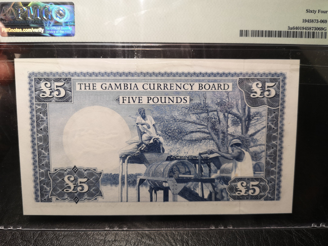 《外钞收藏家》二零二一新年拍（第100期） 1965-70年冈比亚 5镑 PMG64 初版 A冠