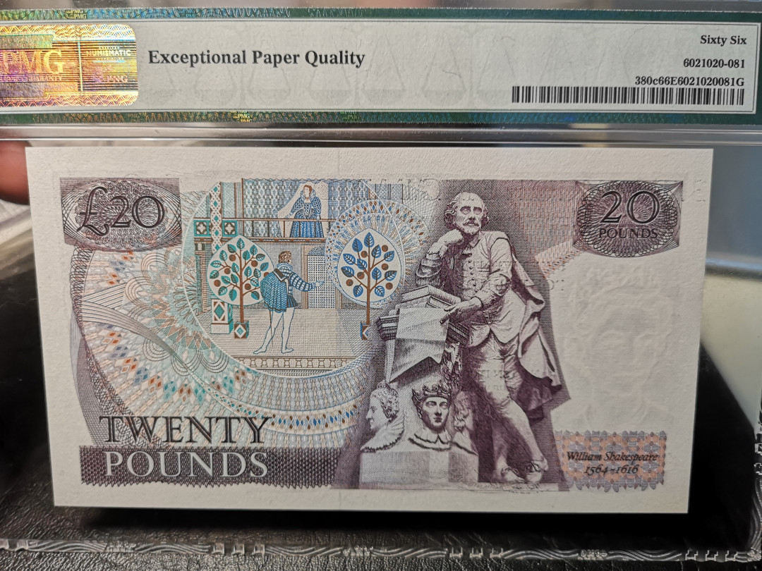 《外钞收藏家》二零二一新年拍（第100期） 380c  英国D序列20镑  PMG66 乱蛇号