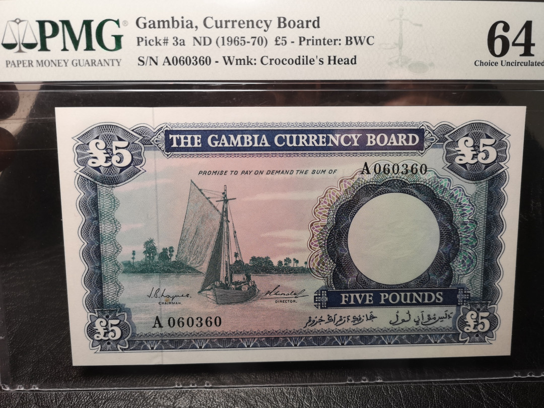 《外钞收藏家》二零二一新年拍（第100期） 1965-70年冈比亚 5镑 PMG64 初版 A冠