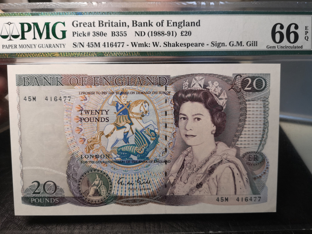 《外钞收藏家》二零二一新年拍（第100期） 380e  英国D序列20镑  PMG66