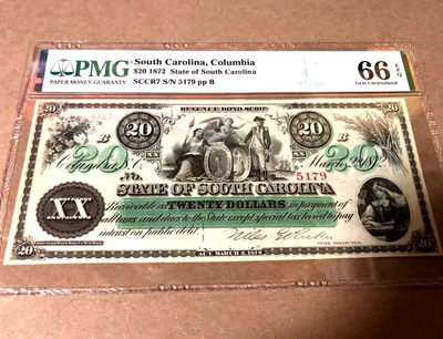 【Blue Auction】世界纸币精拍第59期—— 2021新年第一拍（共70拍） - 美国 南加利福尼亚 1872年20美金 PMG66EPQ 带签名精美 大票幅