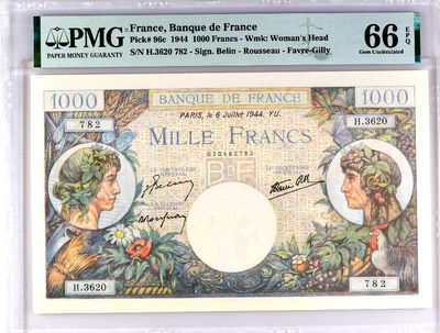 【Blue Auction】世界纸币精拍第59期—— 2021新年第一拍（共70拍） - 法国 1944年1000法郎 PMG66EPQ 超大票幅 非常精美