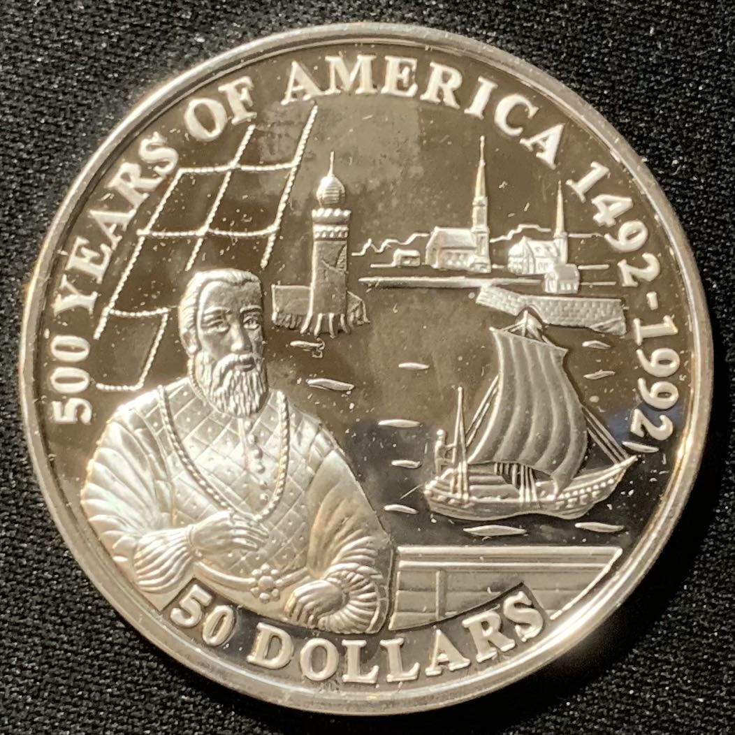 紫瑗钱币—微拍第130期  库克群岛 1993年 发现美洲500周年 迭戈－德韦拉斯克斯  50元 31.35克 0.925银 精制 