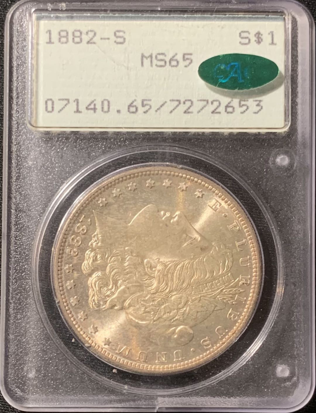 紫瑗钱币—微拍第130期  美国 1882年 S版 摩根 一美元 PCGS MS65 古董老绿盒
