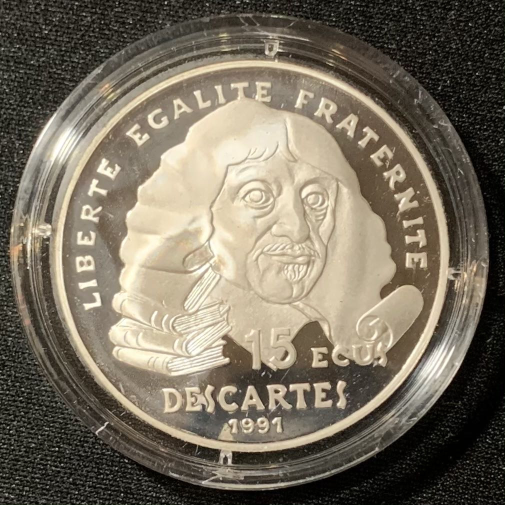 紫瑗钱币—微拍第130期  法国 1991年 笛卡尔 100法郎  22.2克 0.9银 精制 原盒证书