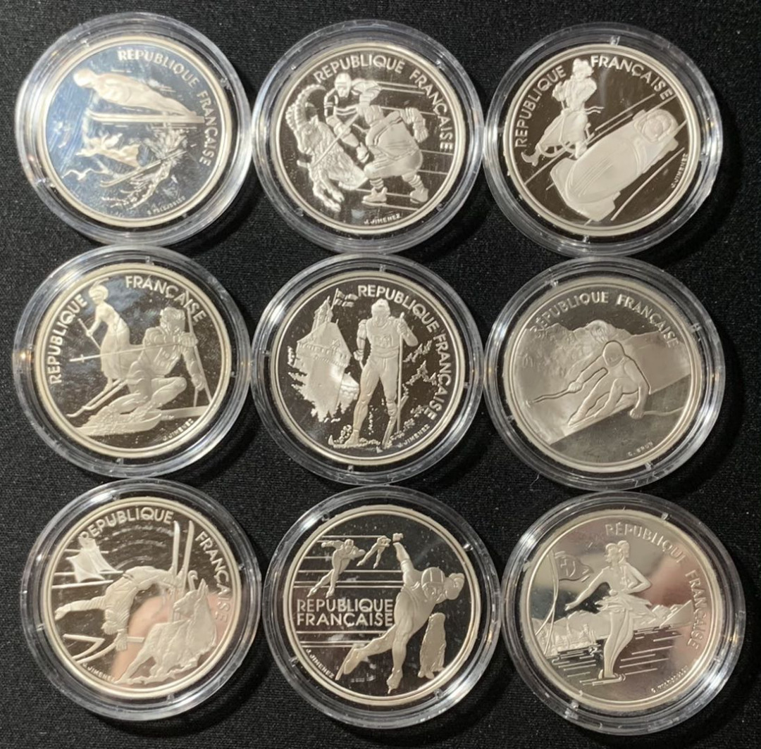 紫瑗钱币—微拍第130期  法国 1992年 阿尔贝维尔冬奥会 9枚全套 共199.8克 0.9银 精制 
