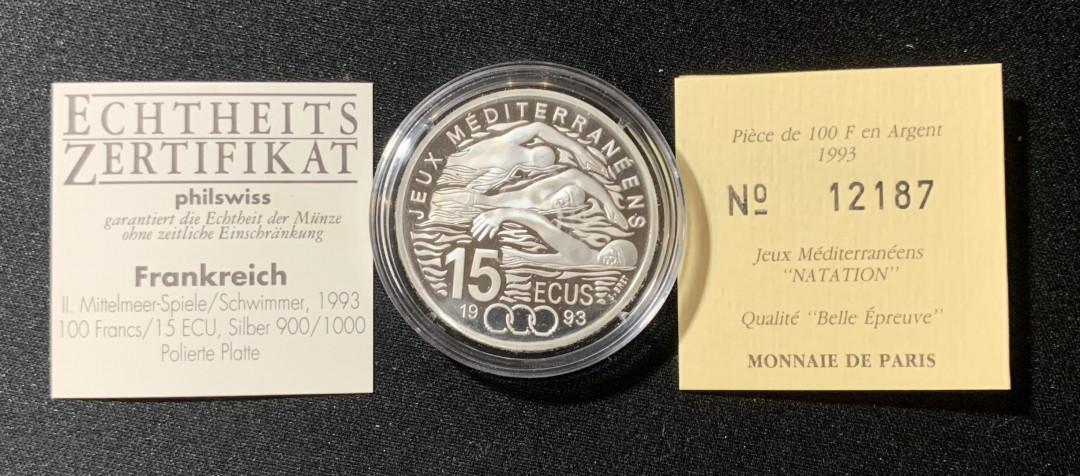 紫瑗钱币—微拍第130期  法国 1993年 地中海运动会 游泳 100法郎15欧元 22.2克 0.9银 精制 原盒证书
