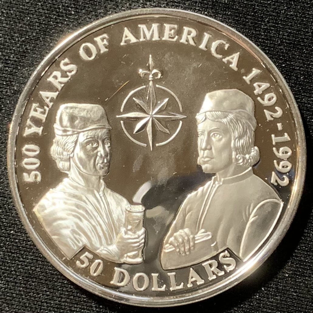 紫瑗钱币—微拍第130期  库克群岛 1993年 发现美洲500周年 品松兄弟 50元 31.35克 0.925银 精制 