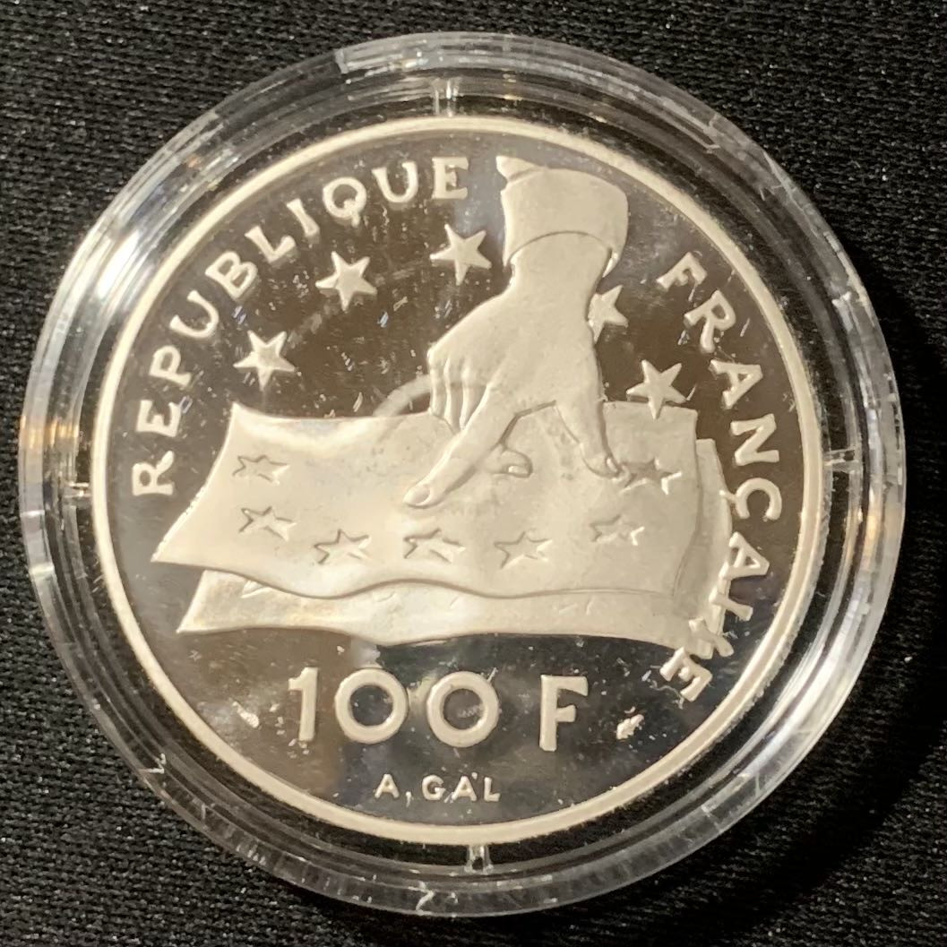 紫瑗钱币—微拍第130期  法国 1991年 笛卡尔 100法郎  22.2克 0.9银 精制 原盒证书