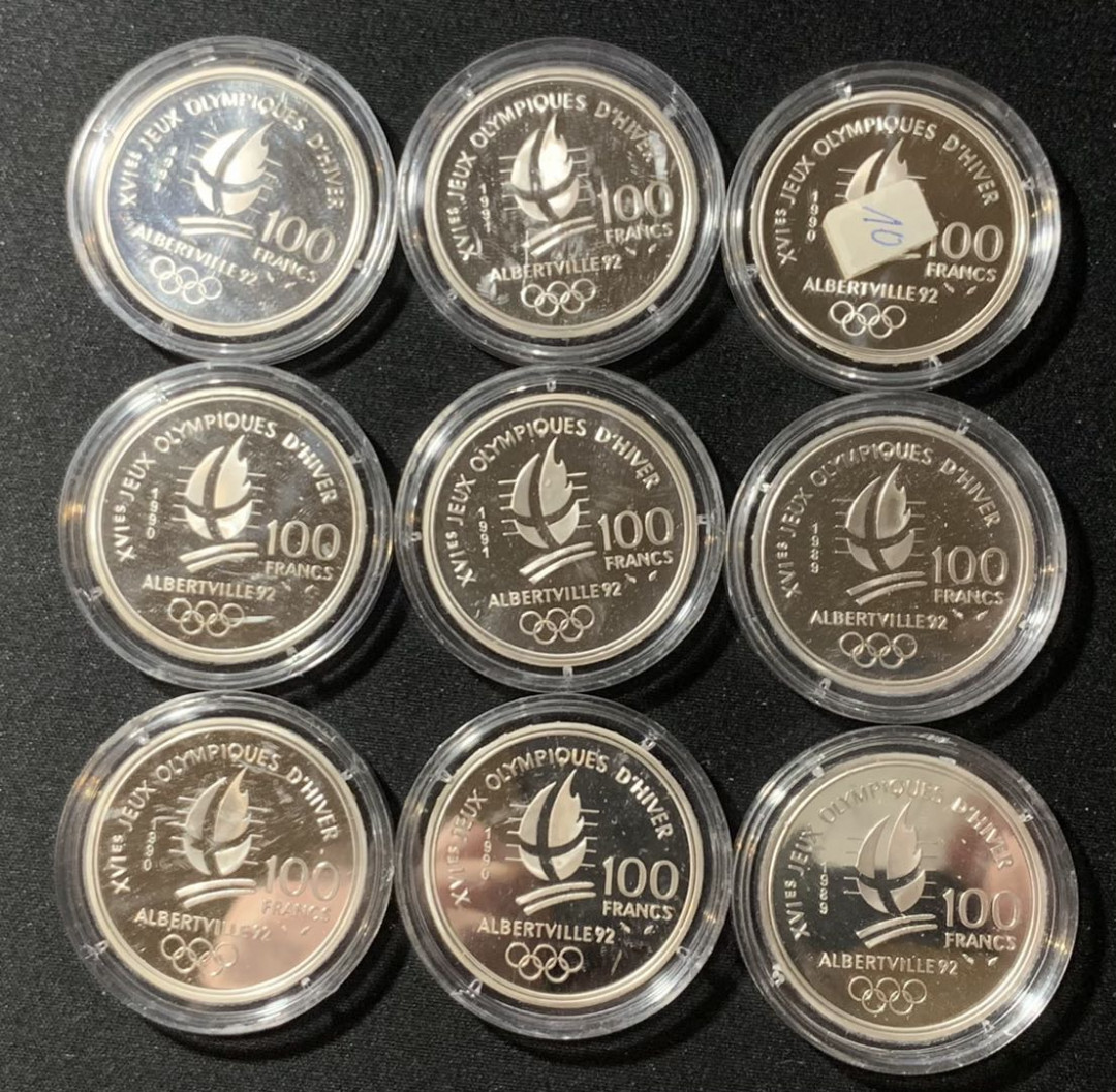 紫瑗钱币—微拍第130期  法国 1992年 阿尔贝维尔冬奥会 9枚全套 共199.8克 0.9银 精制 