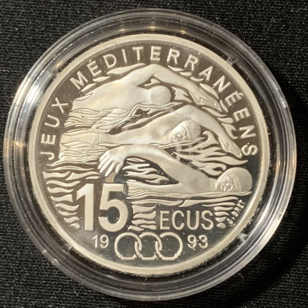紫瑗钱币—微拍第130期  法国 1993年 地中海运动会 游泳 100法郎15欧元 22.2克 0.9银 精制 原盒证书