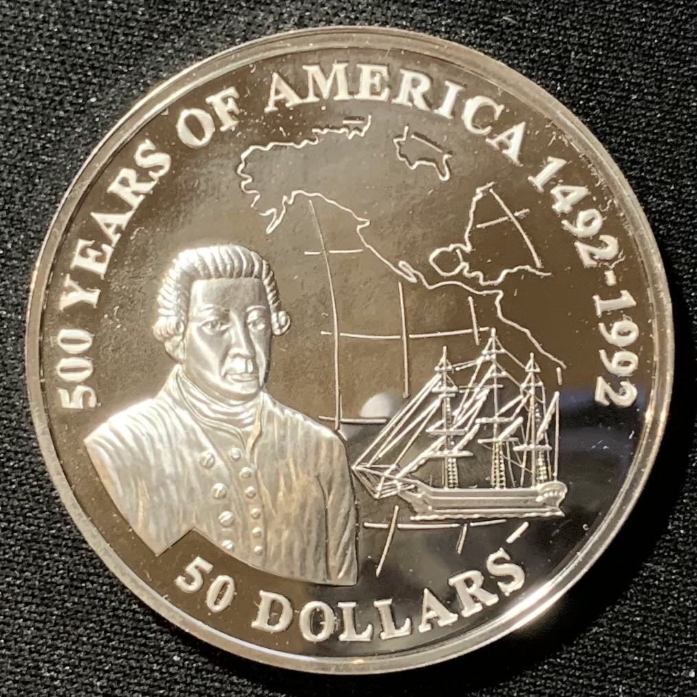 紫瑗钱币—微拍第130期  库克群岛 1993年 发现美洲500周年 乔治·温哥华 50元 31.35克 0.925银 精制 