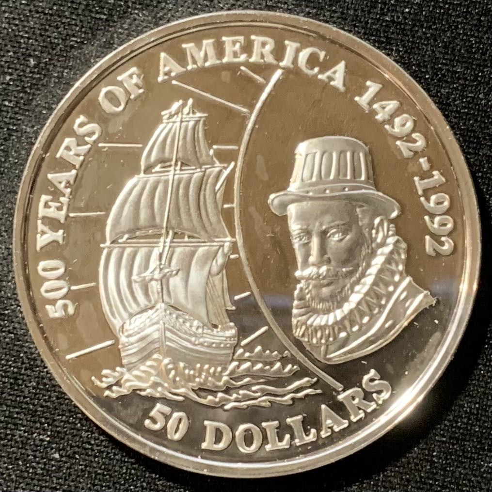 紫瑗钱币—微拍第136期  库克群岛 1993年 发现美洲500周年 约翰·霍金斯 50元 31.35克 0.925银 精制 
