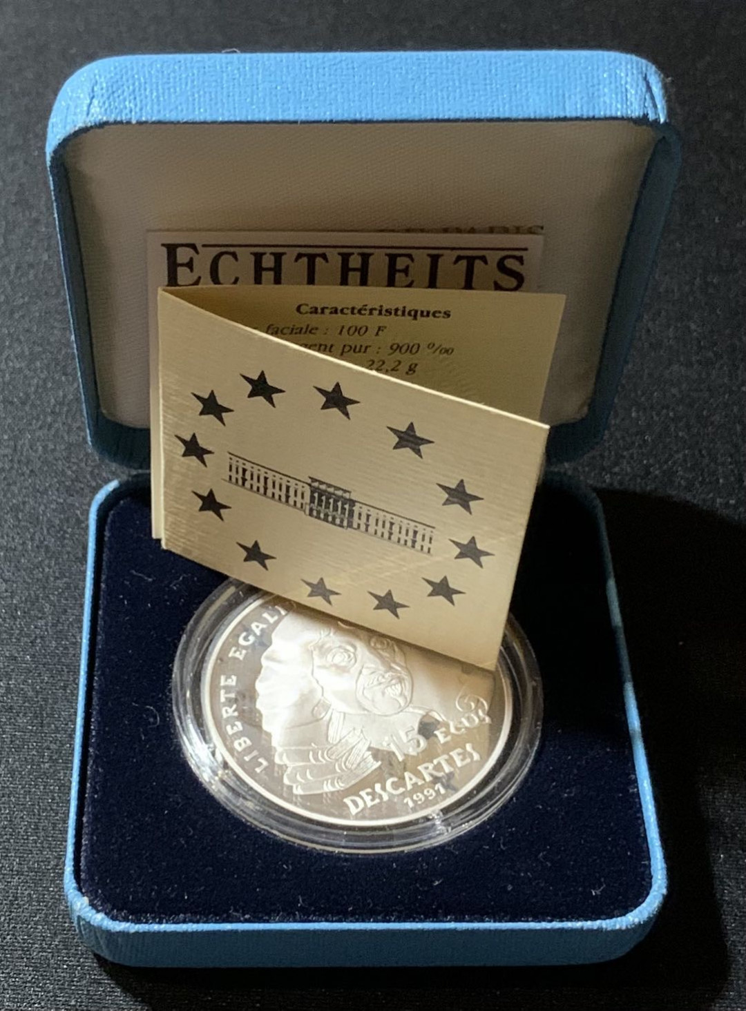 紫瑗钱币—微拍第130期  法国 1991年 笛卡尔 100法郎  22.2克 0.9银 精制 原盒证书