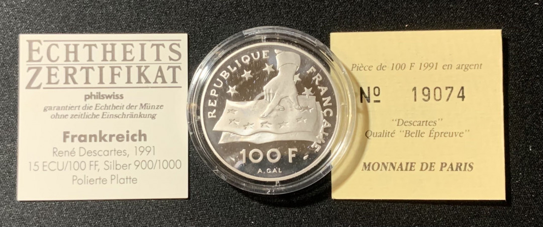 紫瑗钱币—微拍第130期  法国 1991年 笛卡尔 100法郎  22.2克 0.9银 精制 原盒证书