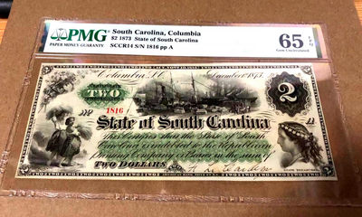 【Blue Auction】世界纸币精拍第60期——开工大吉（共58拍） - 【手签】美国 南加利福尼亚 1873年2美金 PMG65EPQ绝品 原票 带手签签名精美 大票幅