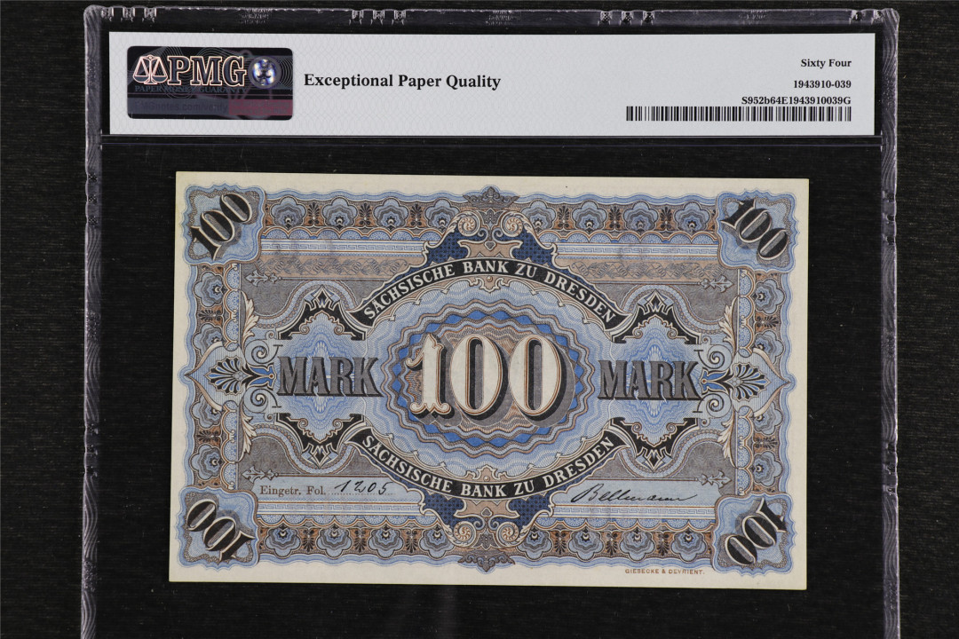 亘邦收藏第49期—新年首场直播拍卖 1911年 德国 100马克 PMG 64EPQ 240855