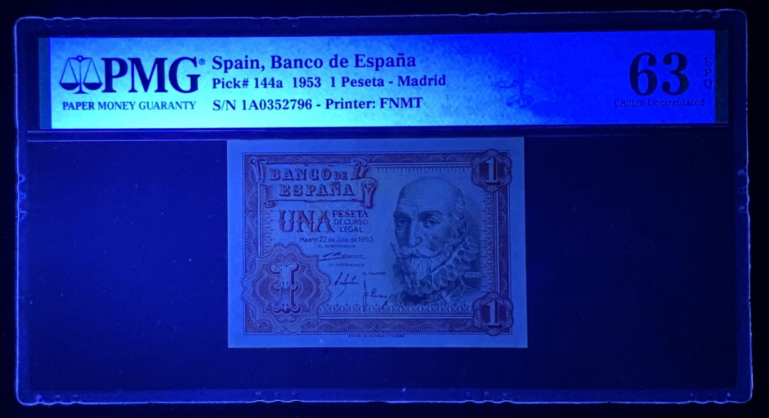 紫瑗钱币—微拍第131期—纸币场 西班牙 1953年 阿尔瓦罗 1比塞塔 PMG 63 EPQ （P-144a）