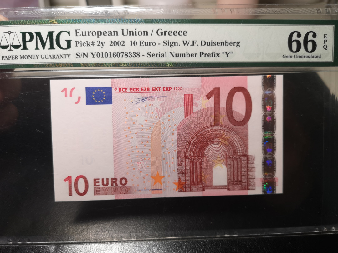 《外钞收藏家》第一百零一期拍卖 2002年10欧元 希腊 一签 PMG66
