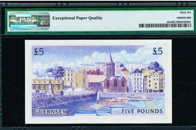 【Blue Auction】世界纸币精拍第62期——大津巴布韦遗址（共60拍） - 根西岛 1969-75年 5镑 PMG66EPQ 经典彩背 精美