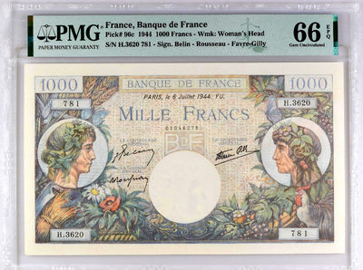 【Blue Auction】世界纸币精拍第62期——大津巴布韦遗址（共60拍） - 法国 1944年1000法郎 PMG66EPQ 超大票幅 非常精美