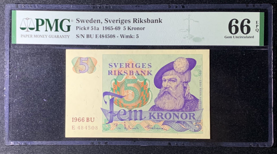 紫瑗钱币—微拍第131期—纸币场 瑞典 1966年 瑞典银行 5克朗 PMG 66 EPQ （P-51a）