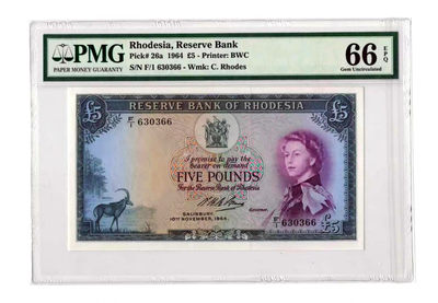 【Blue Auction】世界纸币精拍第62期——大津巴布韦遗址（共60拍） - 【66尾无47】罗德西亚 1964年5镑 PMG66EPQ 戎装女王 BWC出品 精美