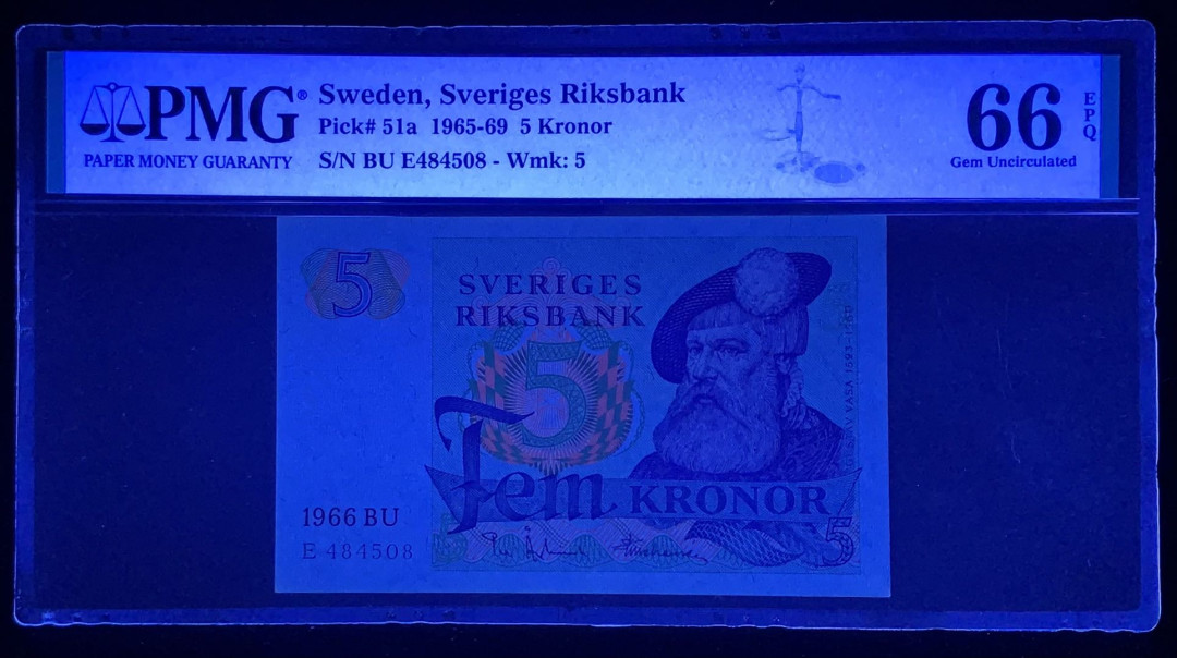 紫瑗钱币—微拍第131期—纸币场 瑞典 1966年 瑞典银行 5克朗 PMG 66 EPQ （P-51a）