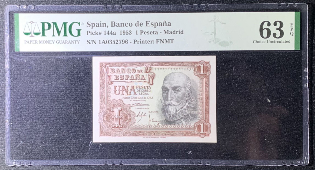 紫瑗钱币—微拍第131期—纸币场 西班牙 1953年 阿尔瓦罗 1比塞塔 PMG 63 EPQ （P-144a）