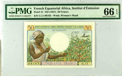 【Blue Auction】世界纸币精拍第62期——大津巴布韦遗址（共60拍） - 法属赤道非洲 1957年50法郎 PMG66EPQ 绝品经典运木头 很有意境  