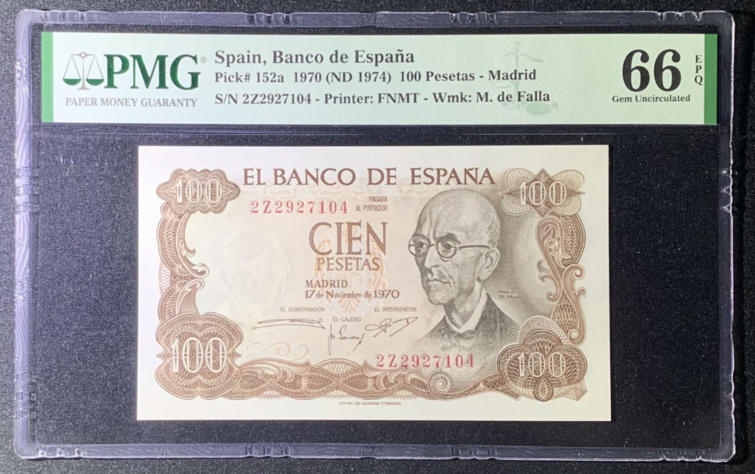紫瑗钱币—微拍第131期—纸币场 西班牙 1970（1974）年 100比塞塔 PMG 66 EPQ （P-152a）