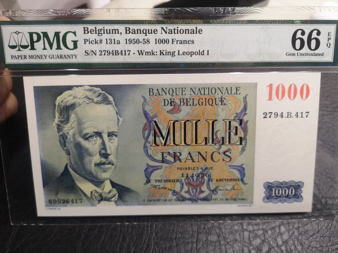 《外钞收藏家》第一百零一期拍卖 比利时1950年1000法郎  初版 PMG66