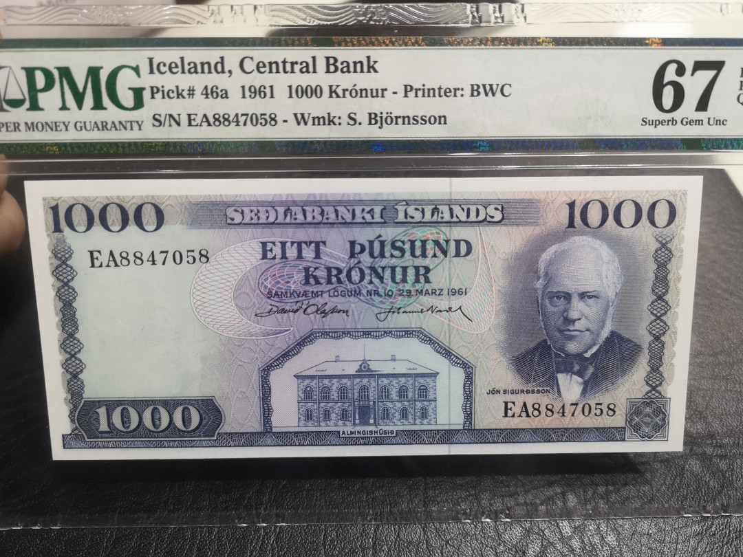 《外钞收藏家》第一百零一期拍卖 1961年冰岛1000克朗  PMG67  BWC作品