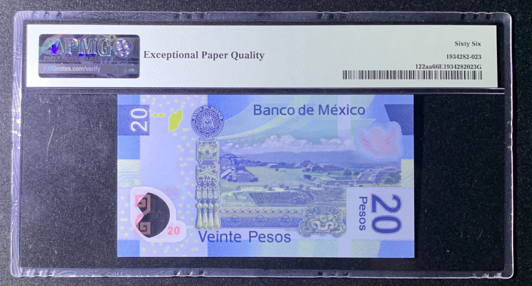 紫瑗钱币—微拍第131期—纸币场 墨西哥 2016年  20比索 PMG 66 EPQ （P-122aa）