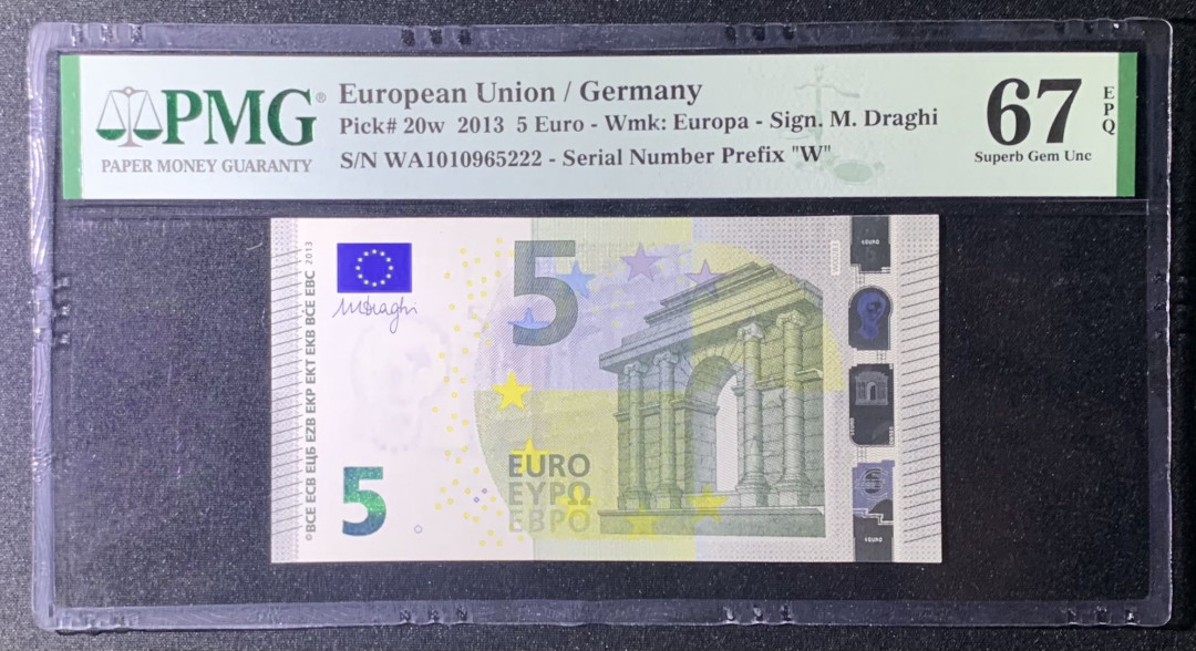 紫瑗钱币—微拍第131期—纸币场 德国 2013年 5欧元 PMG 67 EPQ （P-20W）尾号222