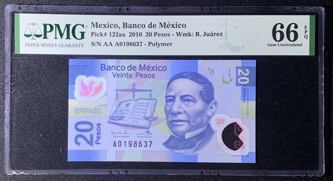 紫瑗钱币—微拍第131期—纸币场 墨西哥 2016年  20比索 PMG 66 EPQ （P-122aa）