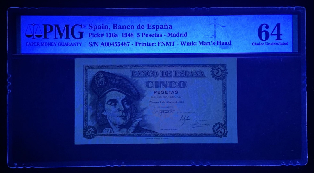 紫瑗钱币—微拍第131期—纸币场 西班牙 1948年 胡安 塞瓦斯蒂安 5比塞塔 PMG 64 （P-136a）