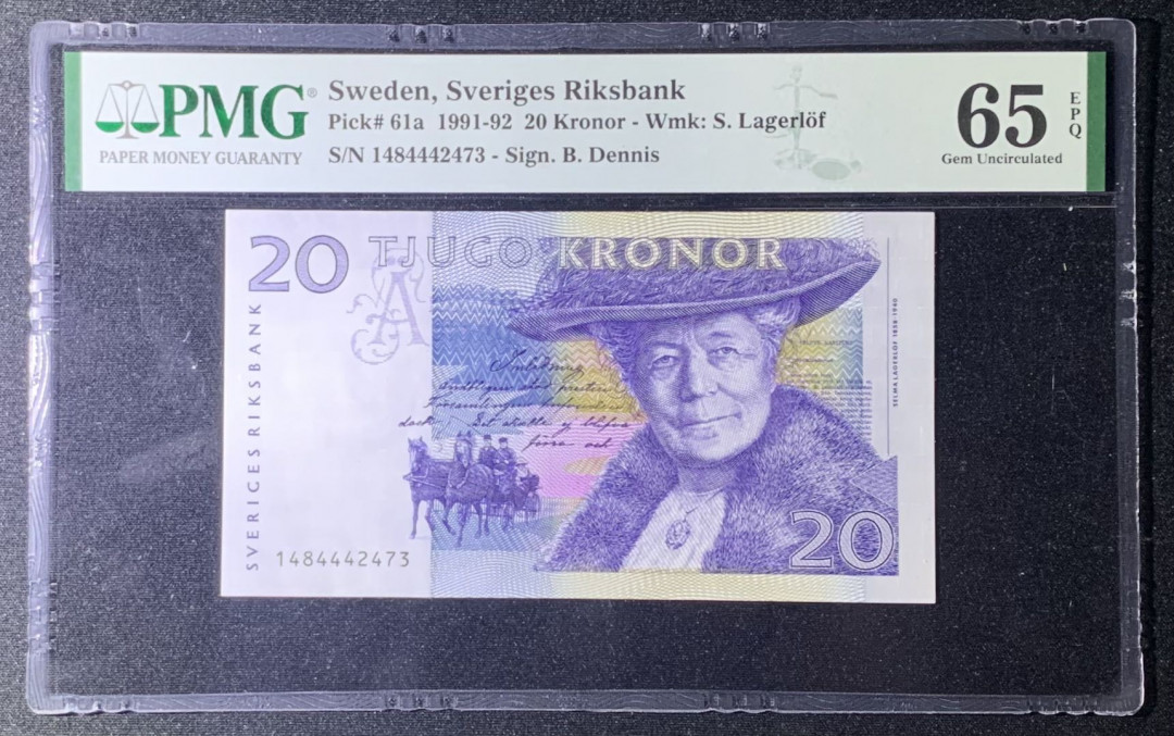 紫瑗钱币—微拍第131期—纸币场 瑞典 1991-92年 骑鹅旅行记 20克朗 PMG 65 EPQ （P-61a）