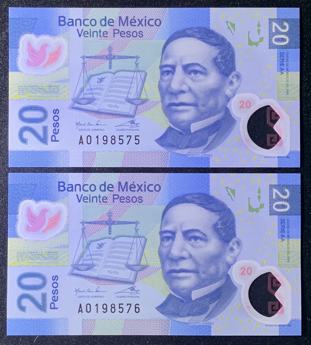 紫瑗钱币—微拍第131期—纸币场 墨西哥 2016年  20比索 塑料币 AA系列A冠 首发 UNC  2枚一组