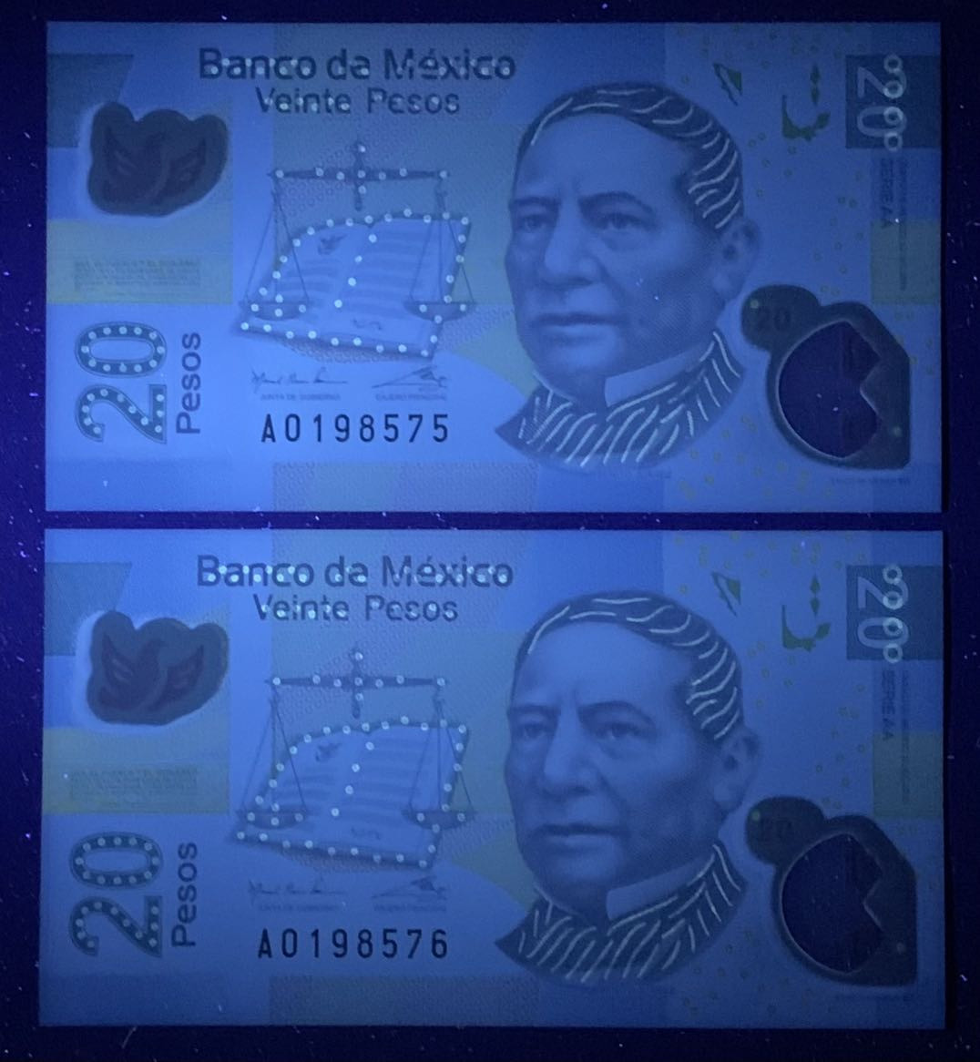 紫瑗钱币—微拍第131期—纸币场 墨西哥 2016年  20比索 塑料币 AA系列A冠 首发 UNC  2枚一组