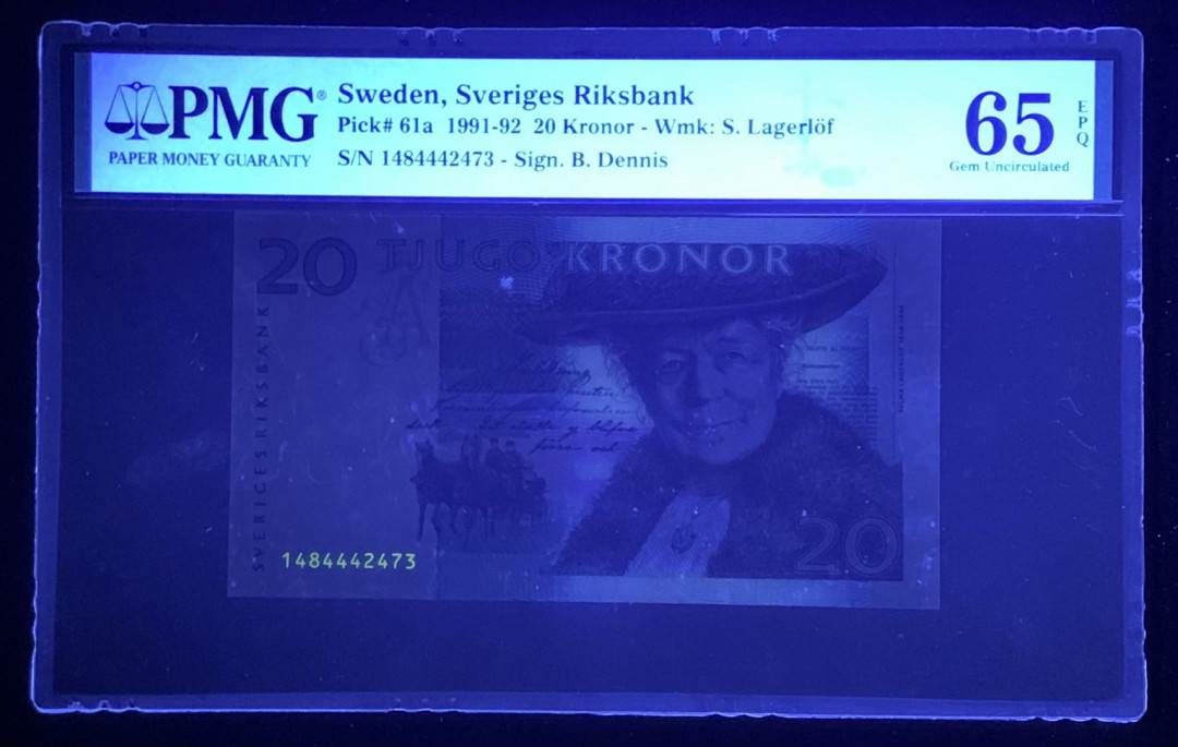 紫瑗钱币—微拍第131期—纸币场 瑞典 1991-92年 骑鹅旅行记 20克朗 PMG 65 EPQ （P-61a）