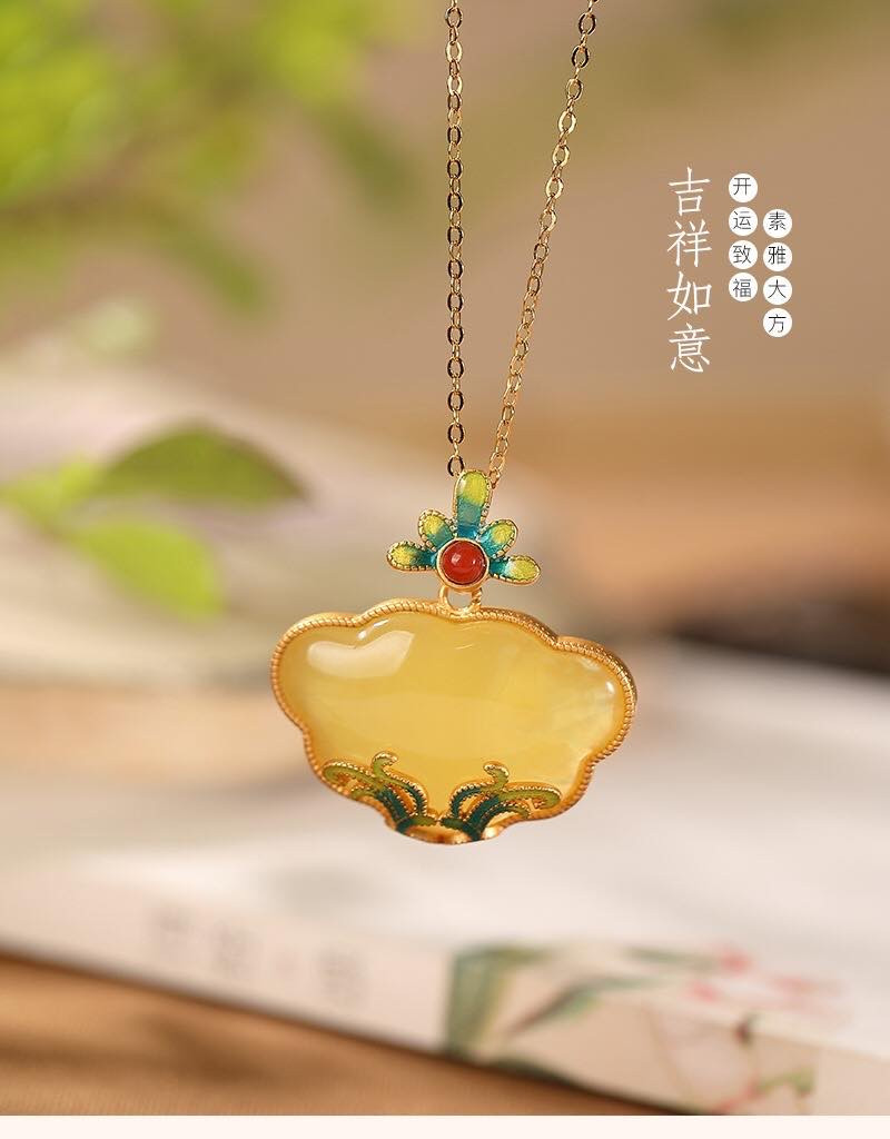 银慧珠宝 《新品》-纯银镀金蜜蜡如意单吊坠