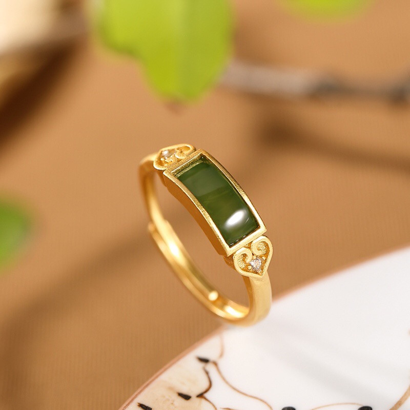 银慧珠宝 《新品》-纯银镀金碧玉如意戒指