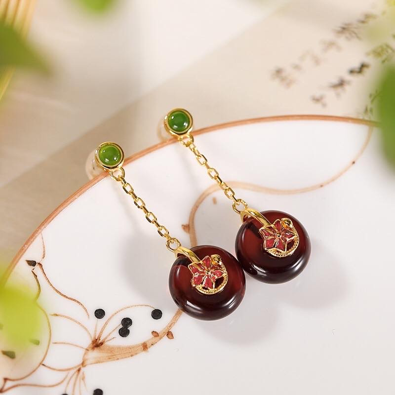 银慧珠宝 《新品》-纯银镀金血珀耳坠
