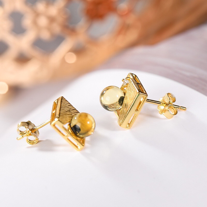 银慧珠宝 《新品》-纯银镀金蓝珀耳钉