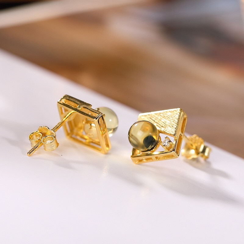 银慧珠宝 《新品》-纯银镀金蓝珀耳钉