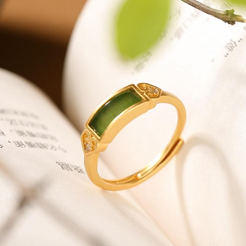 银慧珠宝 《新品》-纯银镀金碧玉如意戒指