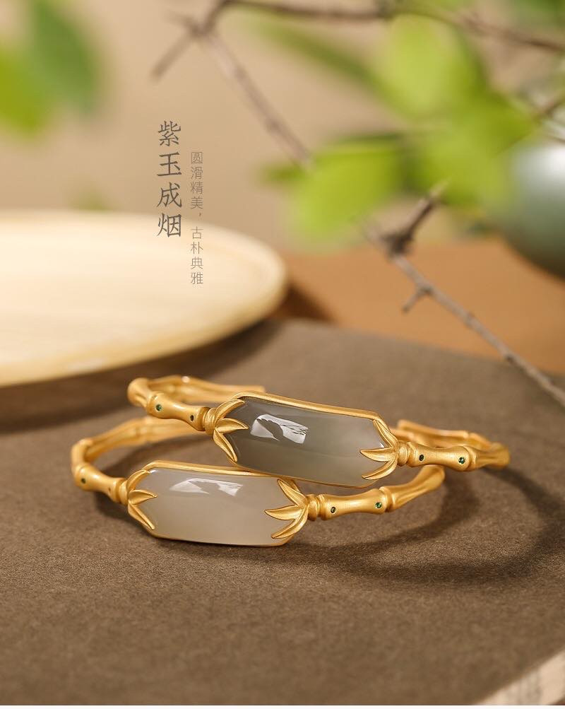 银慧珠宝 《新品》-纯银镀金烟紫玉手镯