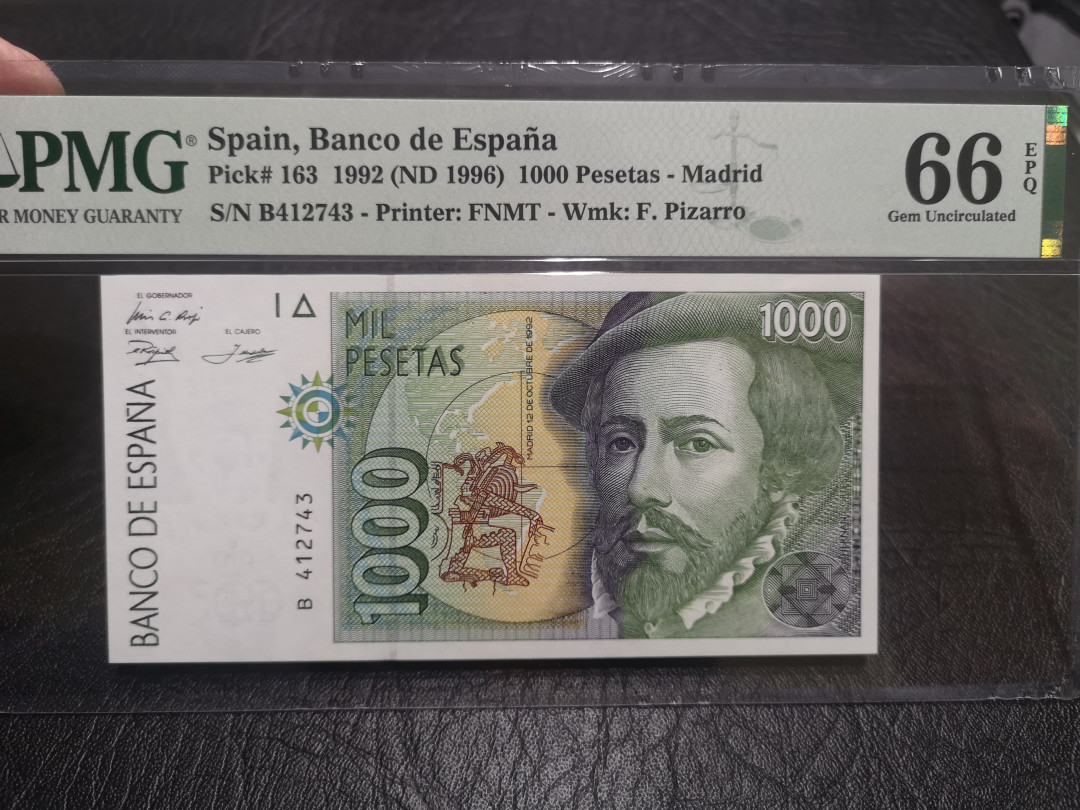 《外钞收藏家》第一百零二期拍卖 1992年西班牙1000比塞塔 1996年10美元 大头版 PMG66